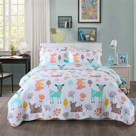 100% Cotton 3 Piece Kids Quilt Bedspread Comforter Set Throw Blanket for Teens Boys Girls Kids ...