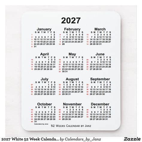 2027 White 52 Week Calendar by Janz Mouse Pad | Zazzle | Weekly ...