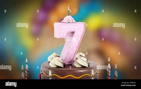 Birthday cake with lit number 7 candle. 3D illustration Stock Photo - Alamy