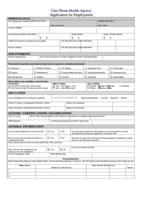 Care Home Health Agency Application For Employment printable pdf download