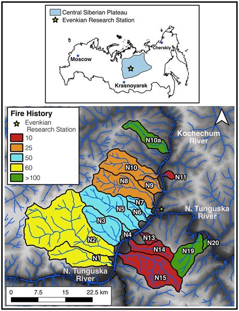 Map of sub-watersheds sampled in the Central Siberian Plateau, blue... | Download Scientific Diagram