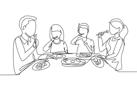 Single continuous line drawing family eating meal around kitchen table. Happy daddy, mom and two ...