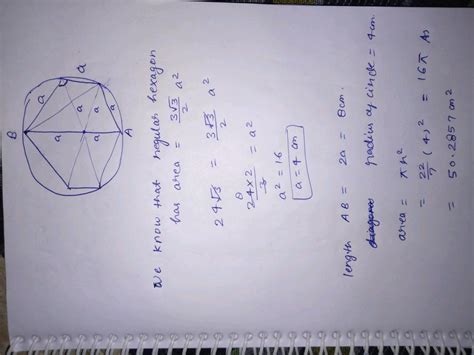 A regular hexagon is inscribed in a circle. If the area of hexagon is 24√(3) cm^2 , find the ...