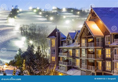 Blue Mountain Village in Winter Stock Photo - Image of restaurant ...