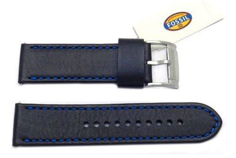 Fossil Black Genuine Smooth Leather 24mm Watch Band With Blue Stitching ...