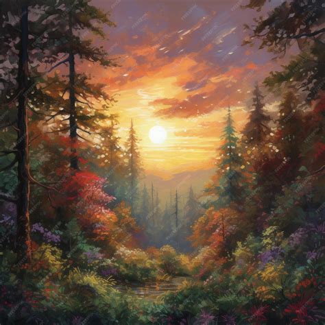 Premium AI Image | A painting of a forest with a sunset in the background.