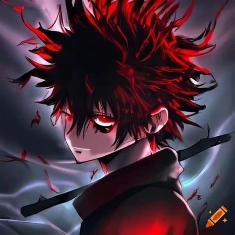 Angry anime boy with red eyes and wild black hair in black and red theme on Craiyon