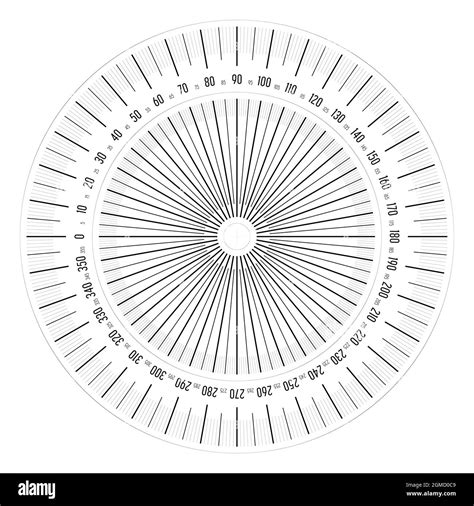 Full 360 degrees protractor - measuring instrument for measuring angles in geometry. Thin line ...