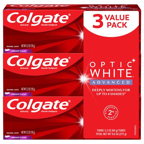 Colgate Optic White Advanced Teeth Whitening Toothpaste, Vibrant Clean - 3.2 ounce (3 Pack ...