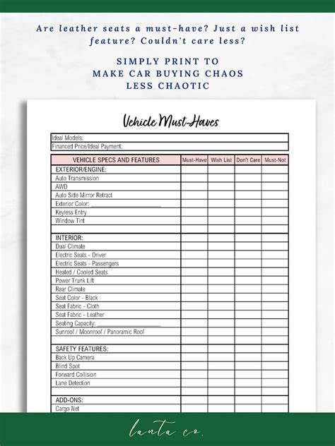 Car Buying Guide Automotive Buying Checklist Vehicle Features Checklist Instant Download PDF - Etsy