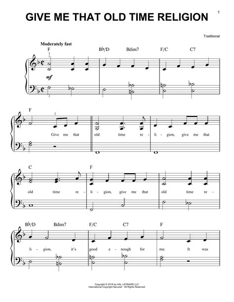 Give Me That Old Time Religion (Easy Piano) - Print Sheet Music Now