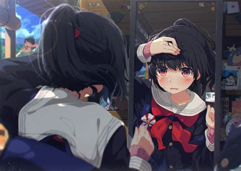 anime, anime girls, black hair, ponytail, red eyes, school uniform, mirror HD Wallpaper