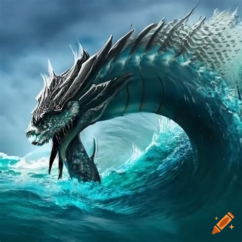 Image of a mythical sea serpent battling against waves on Craiyon