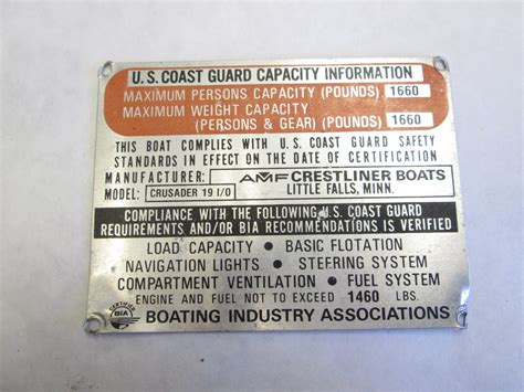 Vintage U.S. Coast Guard Capacity Plate 18' Cobalt Boat | Green Bay ...