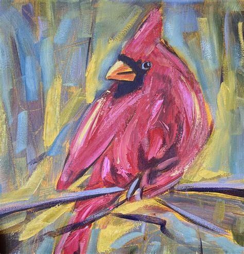 Cardinal on branch, me, oil, 2023 : r/Art