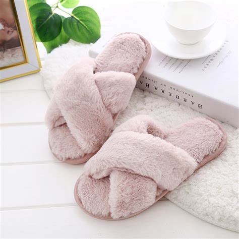 Womens Fuzzy Slippers Cross Band Ladies Slippers