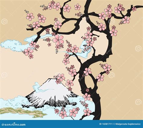 Japanese Design With Fuji Mountain And Sakua Tree. Stock Image - Image ...