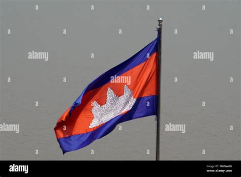 Flag of Cambodia with Angkor Wat in center, Phnom Penh city, Cambodia ...