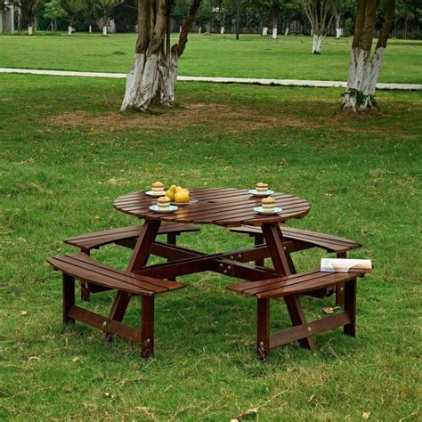 Outdoor 8 Person Picnic Table, 8 Person Round Picnic Table With 4 Built-In Benches, Umbrella ...