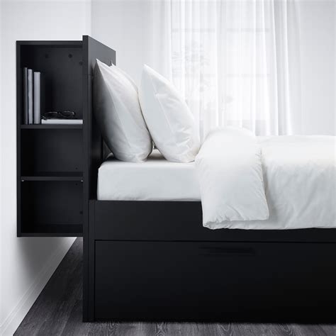 BRIMNES Bed frame with storage & headboard, black/Luröy, Queen - IKEA