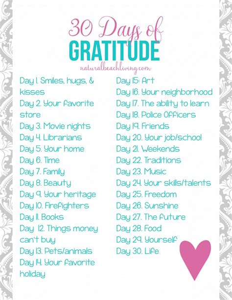 30 Days Daily Gratitude List Printable - Natural Beach Living