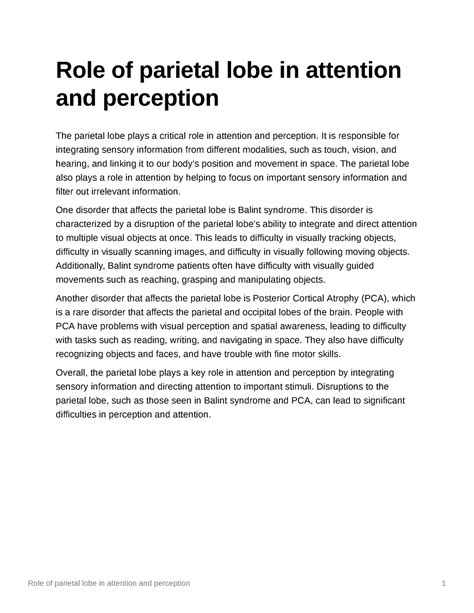 Role of parietal lobe in attention and perception - It is responsible for integrating sensory ...