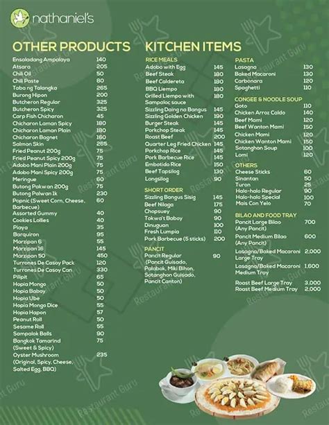 NATHANIEL'S MENU PHILIPPINES & UPDATED PRICES 2023