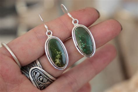 GREEN TURQUOISE EARRINGS - 925 Sterling Silver Earrings - Gemstone - Navajo - Handmade - Natural ...