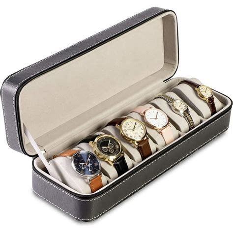 Juvale - 6 Slot Black Leather Watch Box, Watch Storage Display Case Holder Organizer for Jewelry ...