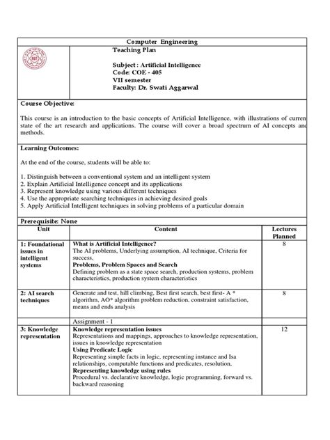 Lecture Plan - AI | PDF | Knowledge Representation And Reasoning ...