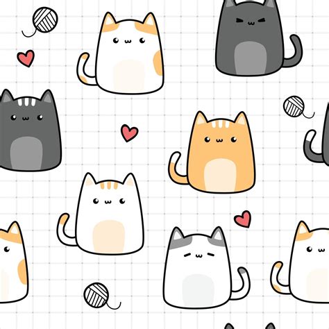 Cute chubby cat kitten cartoon doodle seamless pattern 2398967 Vector ...