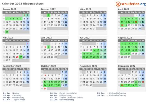 Kalender 2022 + Ferien Niedersachsen, Feiertage