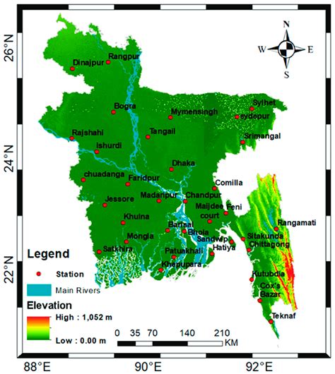 Geographical map of Bangladesh showing ground elevation obtained using ...