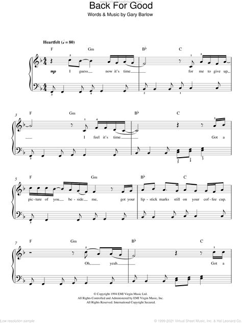 That - Back For Good sheet music for piano solo [PDF-interactive]