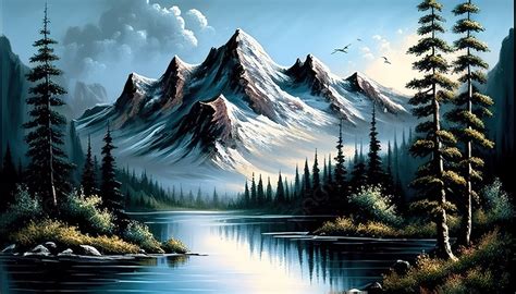 Painting Of Mountains By Water With Trees Background, Bob Ross Pictures, Ross, Building ...