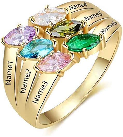 Wfhome Personalized Mothers Rings with 6 Simulated Birthstones Mom Rings Mothers Day Family Name ...