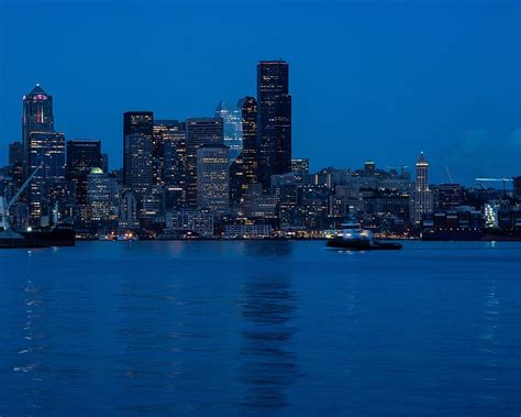 City, skyscrapers, water, dusk, evening, dark, HD wallpaper | Peakpx