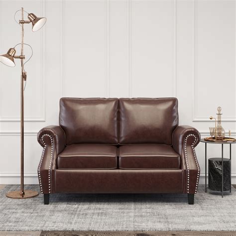 Free Shipping! Noble House Elwick Faux Leather Loveseat with Nailhead Trim, Dark Brown - Walmart.com