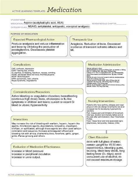 Med Card- aspirin - Med Cards - ACTIVE LEARNING TEMPLATES Medication ...