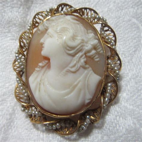 Antique Cameo Brooch 10K Gold & Seed Pearls Fine Jewelry from antiques ...