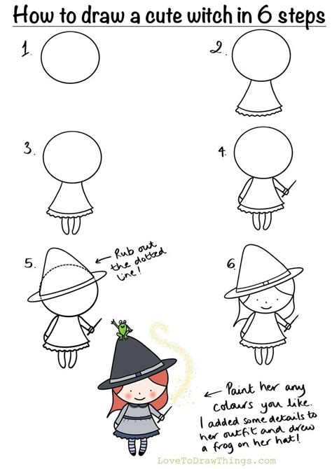 How to draw a cute witch in 6 steps | Легкие рисунки, Рисование ...