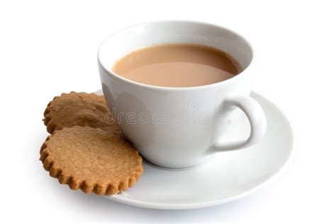 A Cup of Tea with Milk and Two Gingerbread Biscuits Isolated on Stock ...