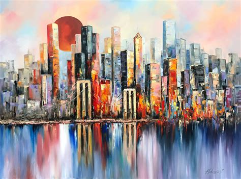 New York Skyline Painting on Canvas Abstract NYC Art Full Moon - Etsy