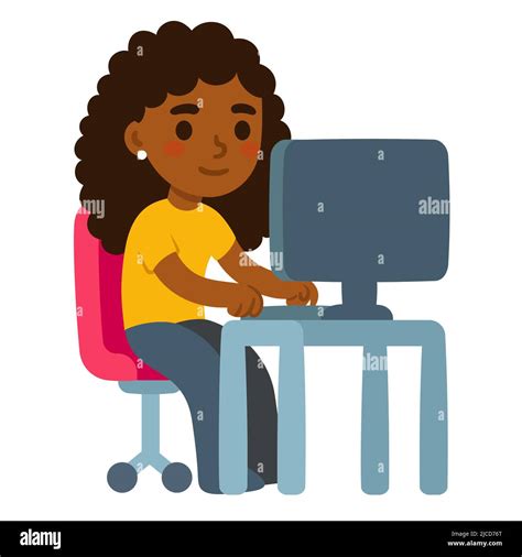 Character working on computer at office desk. Cute cartoon Black girl ...