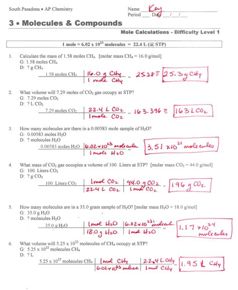 Mole Conversions Worksheet With Work