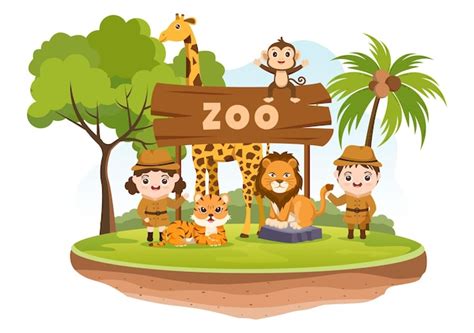 Premium Vector | Zoo cartoon illustration with safari animals on forest background