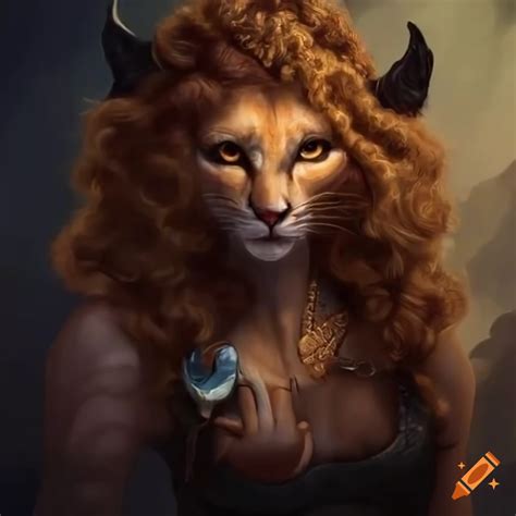 Fantasy art of a female mountain lion tabaxi with long curly hair on Craiyon