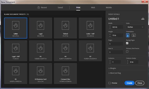 'New Document' dialog window, InDesign