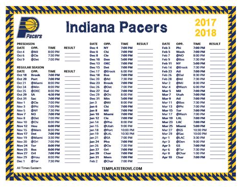 Printable 2017-2018 Indiana Pacers Schedule