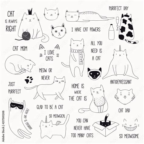 Set of cute funny black and white doodles of different cats and quotes. Isolated objects. Hand ...